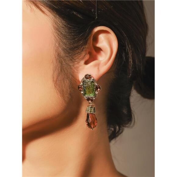 Vintage Retro Statement Dangle Earrings | Green & Brown Drop Pendant - Picture 2 of 6